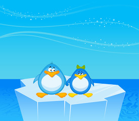 Vector pair of cartoon penguins on an iceberg in an ocean