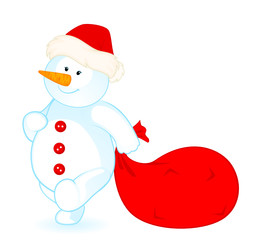 Vector cartoon little cute snowman with sack