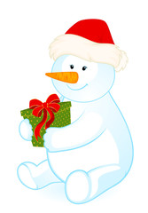Vector cartoon little cute snowman with gift