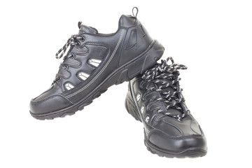 Black leather shoes on a white background