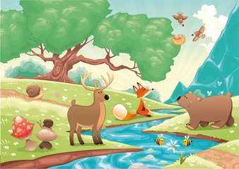 Peel and stick wall murals River, lake Animals in the wood. Vector landscape, isolated objects.