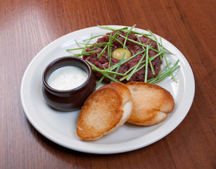 meat mincemeat with egg and crouton