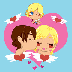 Boy in love kissing girl in Valentine's hit by Cupid's arrow.