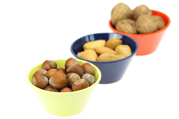 Fototapeta na wymiar nuts in bowls isolated on white