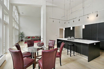 Twp story kitchen with black cabinetry