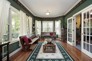 Living room with wood benches