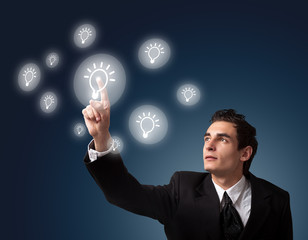 man pressing a touchscreen button