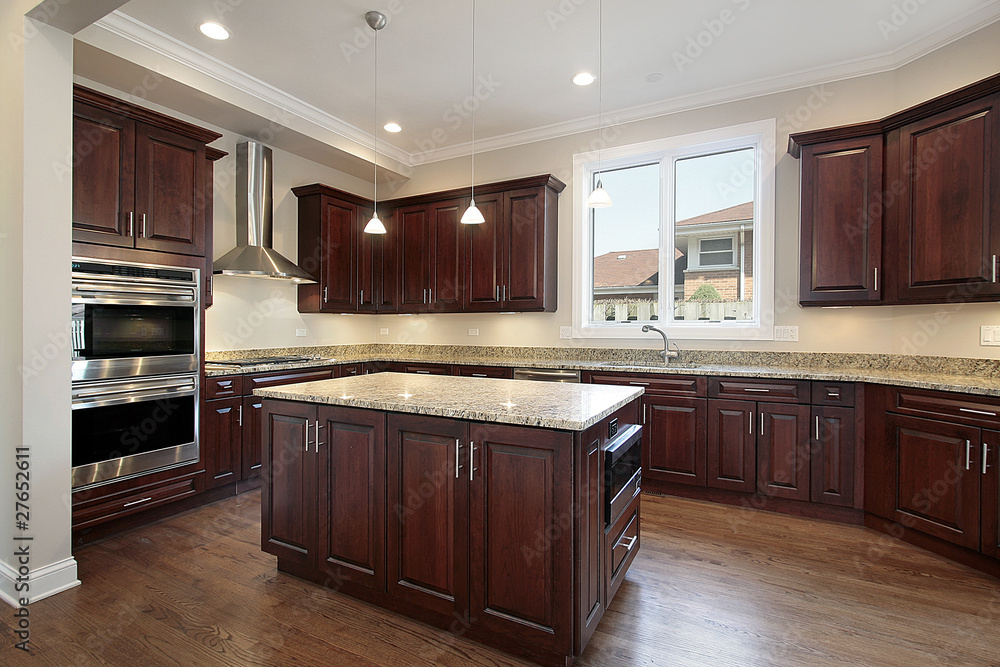 Wall mural kitchen with cherry wood cabinetry - Wall murals