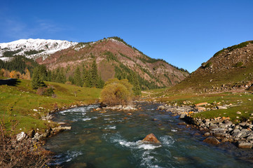 Fototapeta premium The mountain river in gorge and snow-white mountain peaks