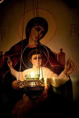 Fototapeta na wymiar Lamp burning before the icon of Our Lady