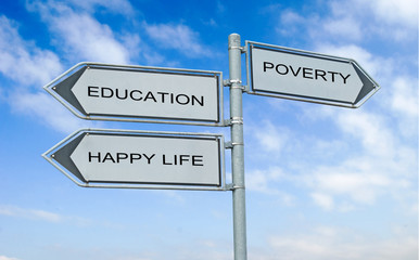 Road sign to education, happy life and poverty and poverty