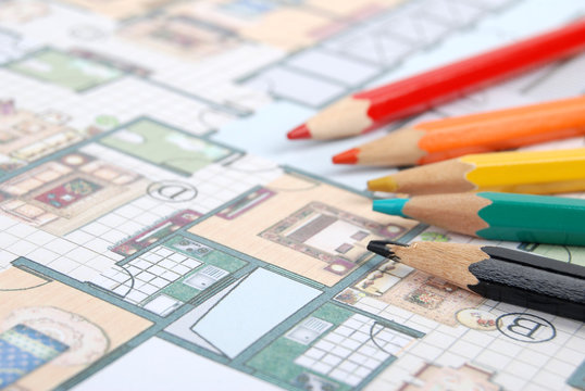 Color pencil and blueprint