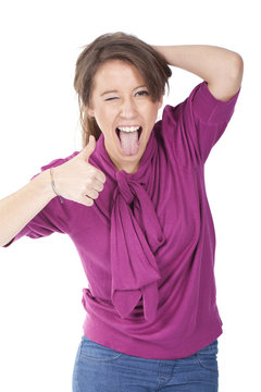 woman making ok sign with a smile with funny face