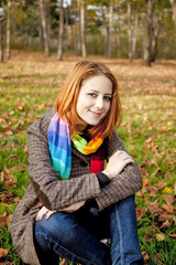 Naklejka na ściany i meble Portrait of red-haired girl in the autumn park.