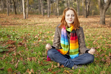 Portrait of red-haired girl in the autumn park.
