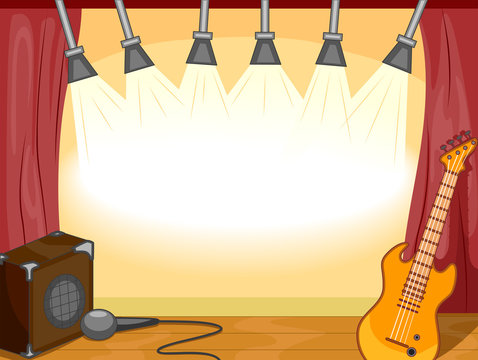 stage with guitar, lights, microphone, and speaker clip art preview