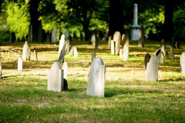 Cemetery with many tombstones on the bright day