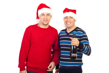 Two Xmas men holding champagne