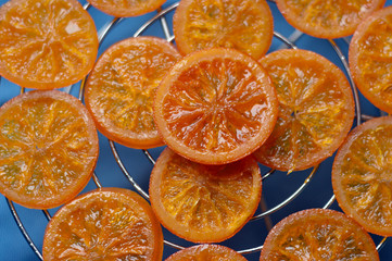 Candied orange slices on a grill