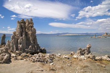 Tufa towers in Mono Lake against dramatic sky