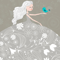 Vector cute winter girl with bird