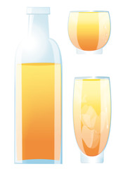 Verre et bouteille de jus d'oranges sur fond blanc