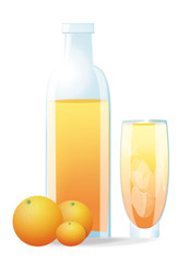 Verre et bouteille de jus d'oranges sur fond blanc