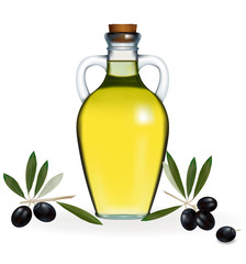 Vector illustration. Black olives with bottle of olive oil.