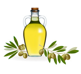 Green olives with bottle of olive oil. Vector illustration.