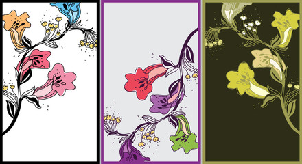 set of 3 vector card with blooming hand drawn flowers