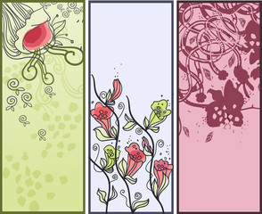 set of 3 vector card with fantasy  hand drawn flowers