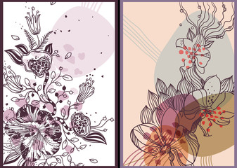 2 vector cards with hand  drawn flowers and plants