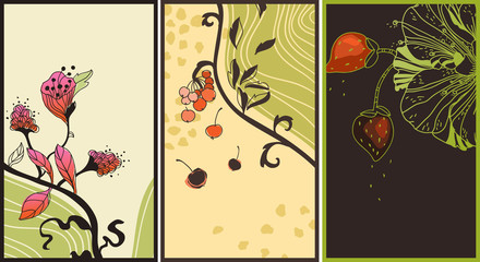 set of 3 vector card with  hand drawn flowers and berries