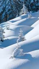 Snowdrifts on winter snow covered mountainside