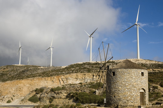 Windmills - Contrast Old And New - Naxos Island Greece