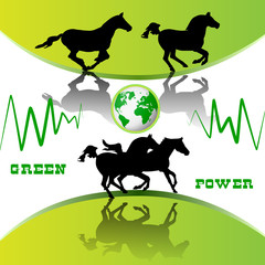 Running horses on green background, Eco Earth