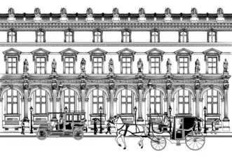 Papier Peint photo Lavable Illustration Paris rue de Paris avec calèche et vieille voiture