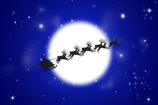 Silhouette of Flying Santa and Christmas Reindeer