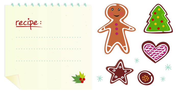 Cookies or christmas icons with recipe isolated on white