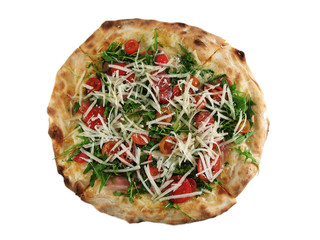 Italian pizza with uncooked fresh tomatoes, cheese and rocket