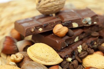 bar of chocolate and nuts on a wicker mat