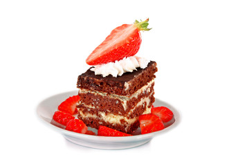 chocolate  cake with cream and  strawberry on white