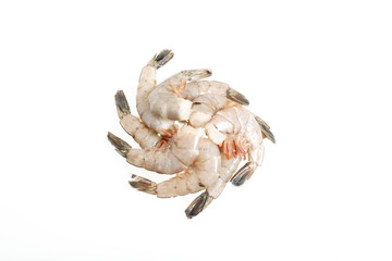 Raw shrimp on white background.
