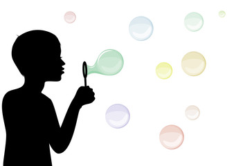 Kids silhouette with soap bubbles