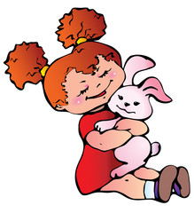 Little girl with bunny. Vector art-illustration.