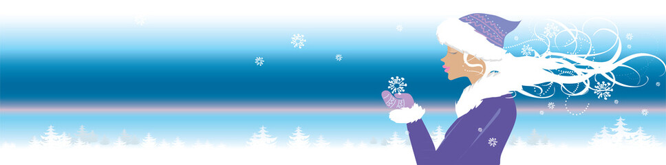 Winter view with girl holding snowflake