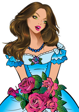 Beautiful girl with flowers. Vector art-illustration.