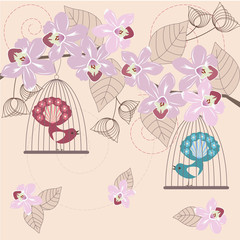 Oiseaux en cage et orchidées