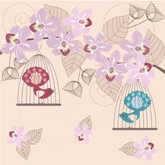 Papier Peint photo Lavable Oiseaux en cages Oiseaux en cage et orchidées