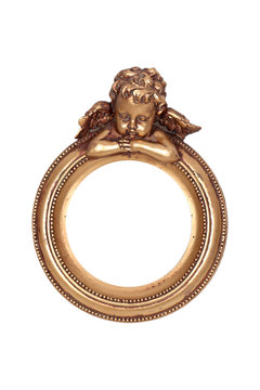Oval baroque gold frame with cupid isolated on white.